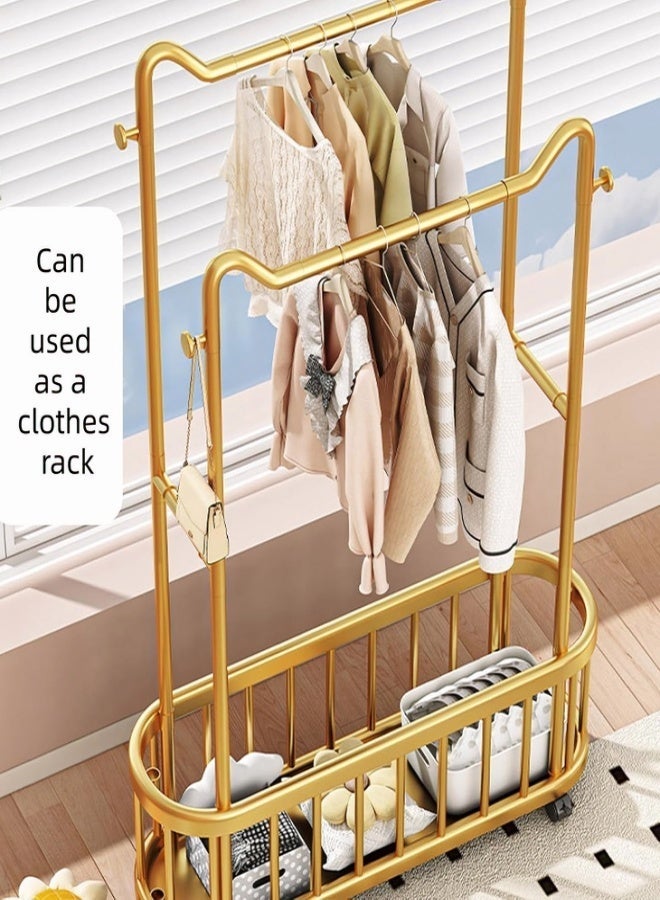Double Rods Clothes hanging rack With Wheels, Heavy Duty Clothes Racks For Hanging Clothes, Metal Freestanding Garment Racks, Portable Closet Rack For Bedroom Laundry Room(Gold,100cm) - Image 4